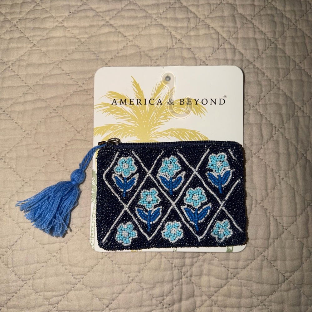 America & Beyond Navy Beaded Floral Coin Pouch with Blue Tassel